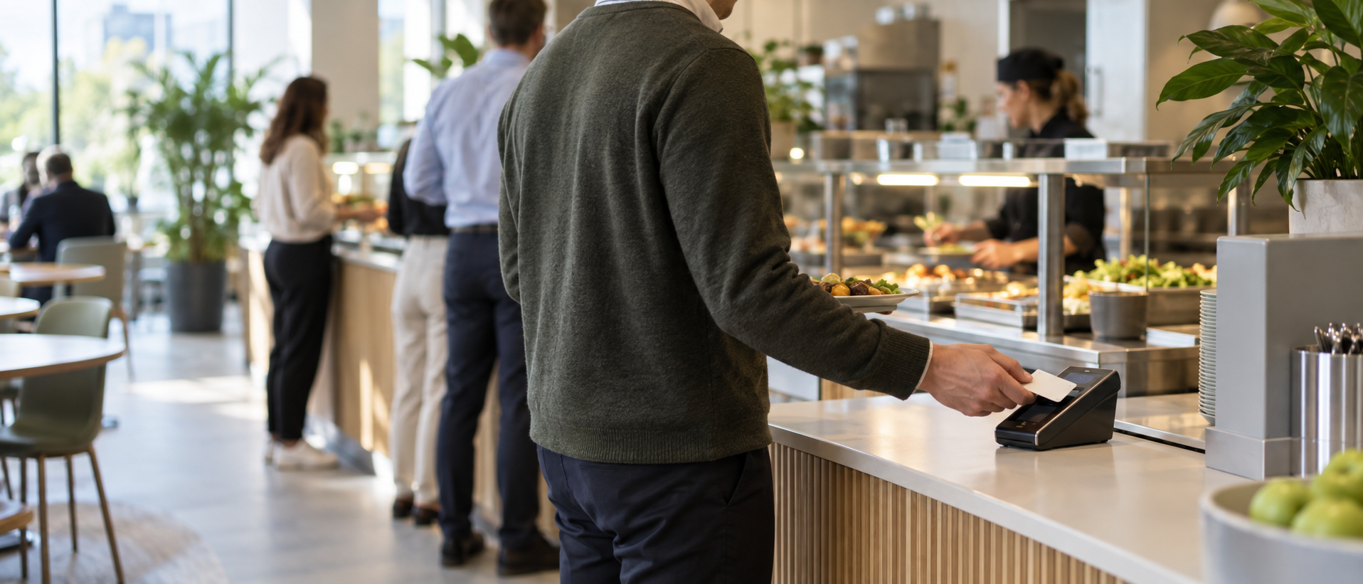 Employees collecting food at a workplace canteen counter, one paying at a card terminal