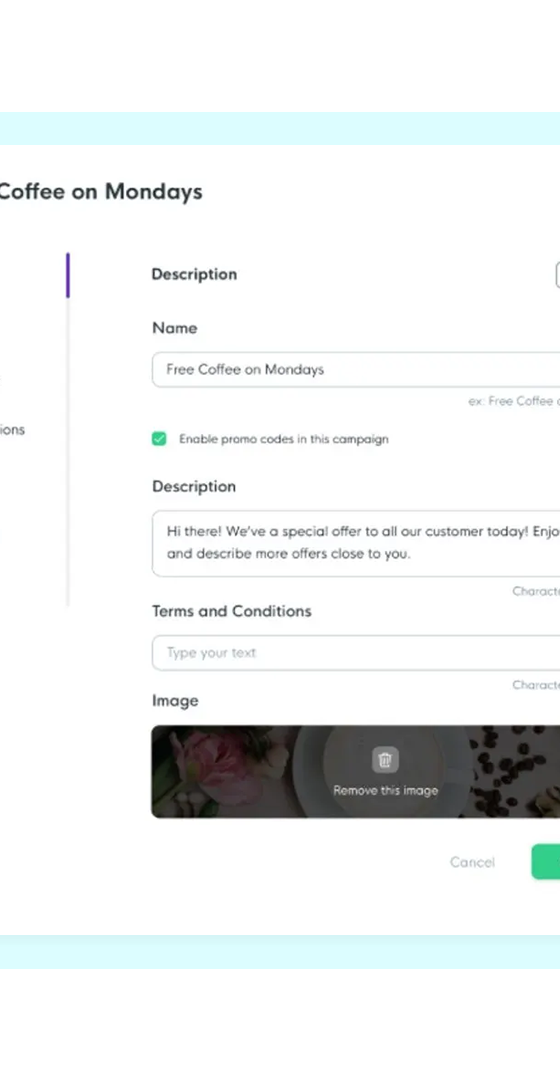 FaciliPay campaign builder showing setup of a promotional offer with name, description, terms, promo codes, and an image.