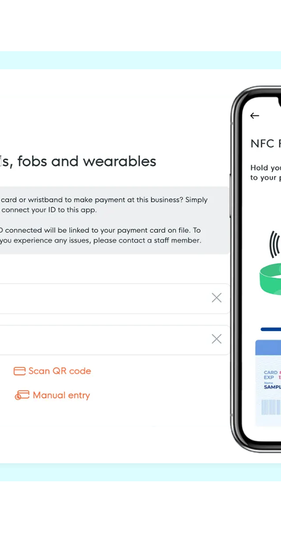 FaciliPay screen for linking cards, fobs, and wearables with NFC tap-to-pay.