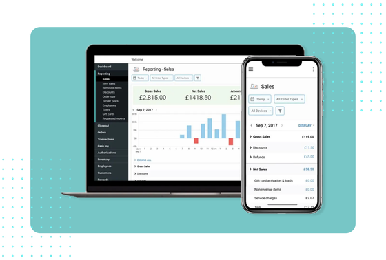 Clover sales reporting on laptop and mobile with gross and net sales, an hourly chart, and discount and refund breakdowns.