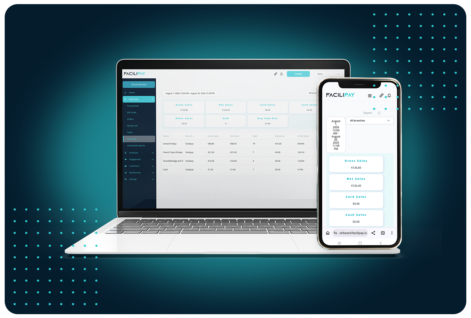 Facilipay tracks gross, net, card and cash sales in real time on desktop or mobile, with detailed item-level reports