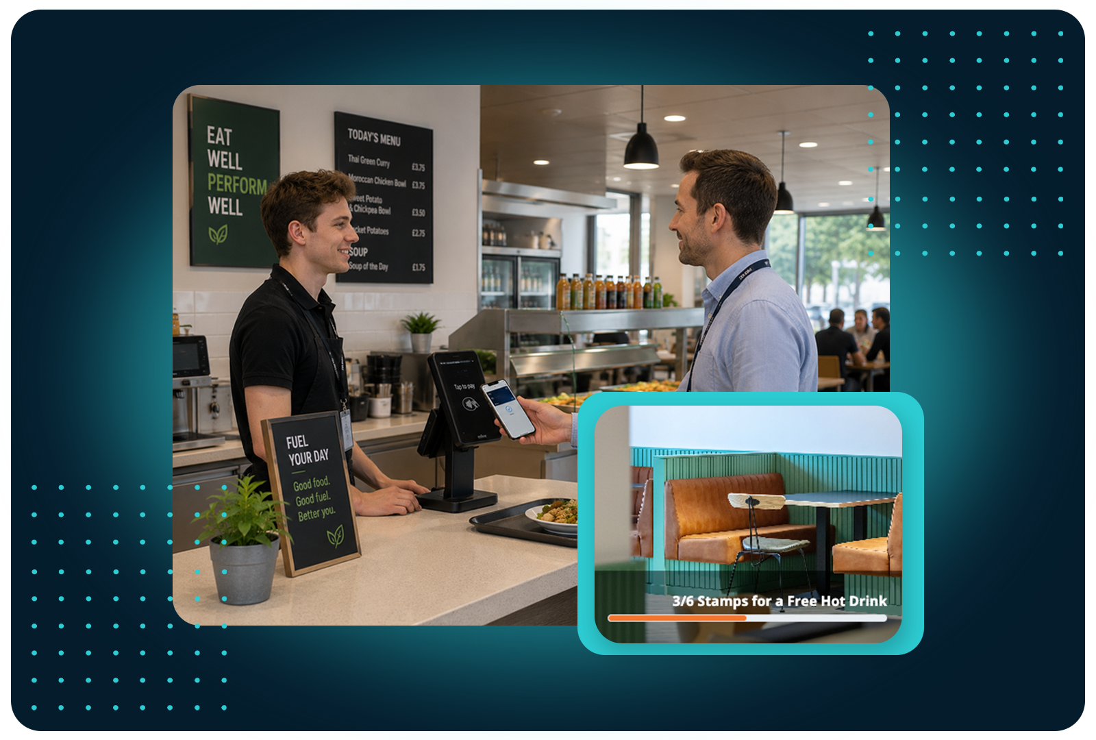 Customer making a contactless payment at a workplace café counter with a loyalty rewards overlay, representing FaciliPay's payment solutions