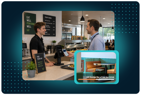 Customer paying by phone at a workplace canteen with a FaciliPay loyalty rewards overlay.