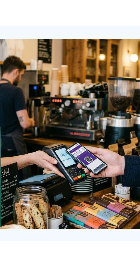 Customer paying by phone at a bakery counter, representing FaciliPay's payment solutions for cafés and retail.
