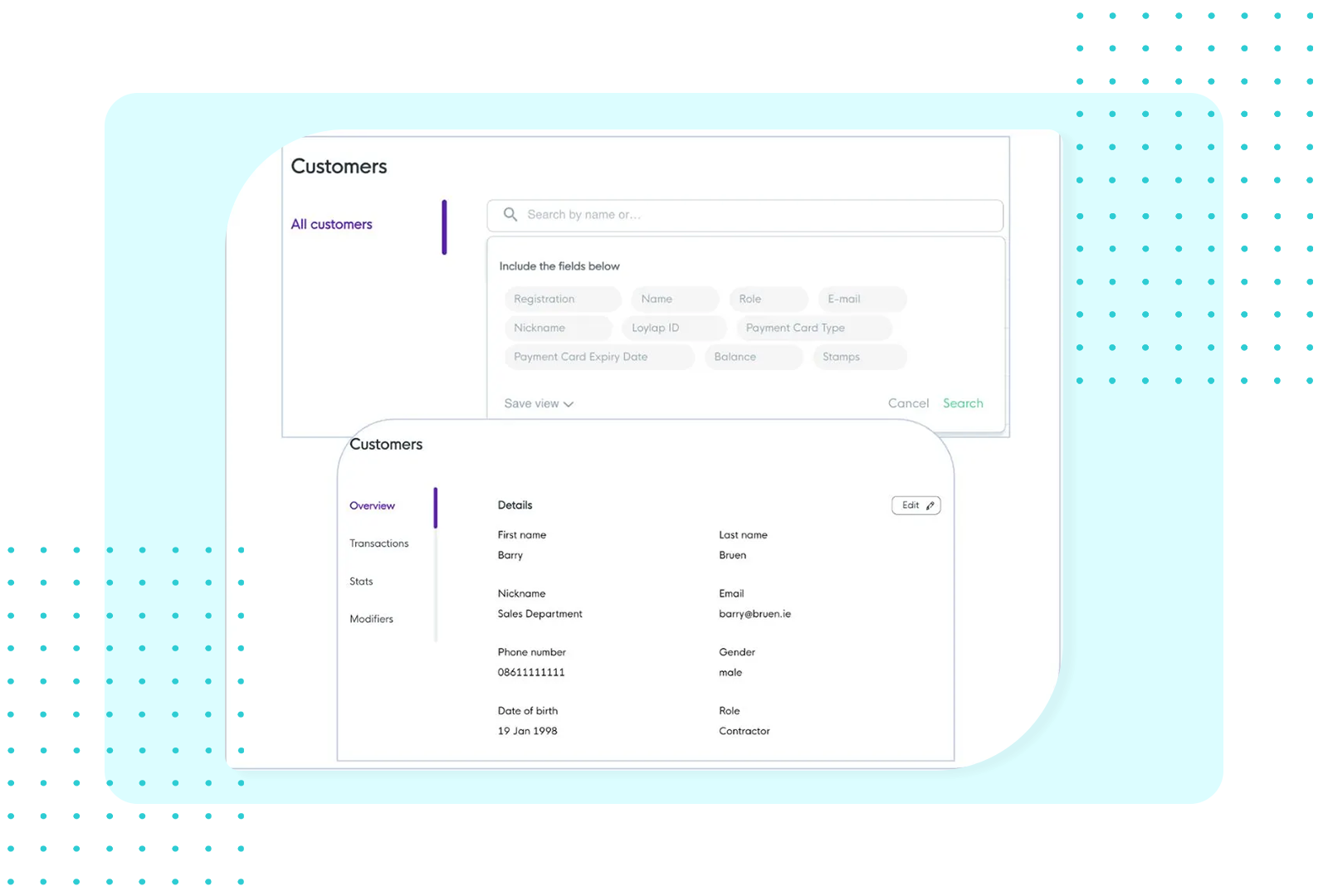 FaciliPay customer management screen with a searchable customer list and a detailed customer profile view showing contact and account fields