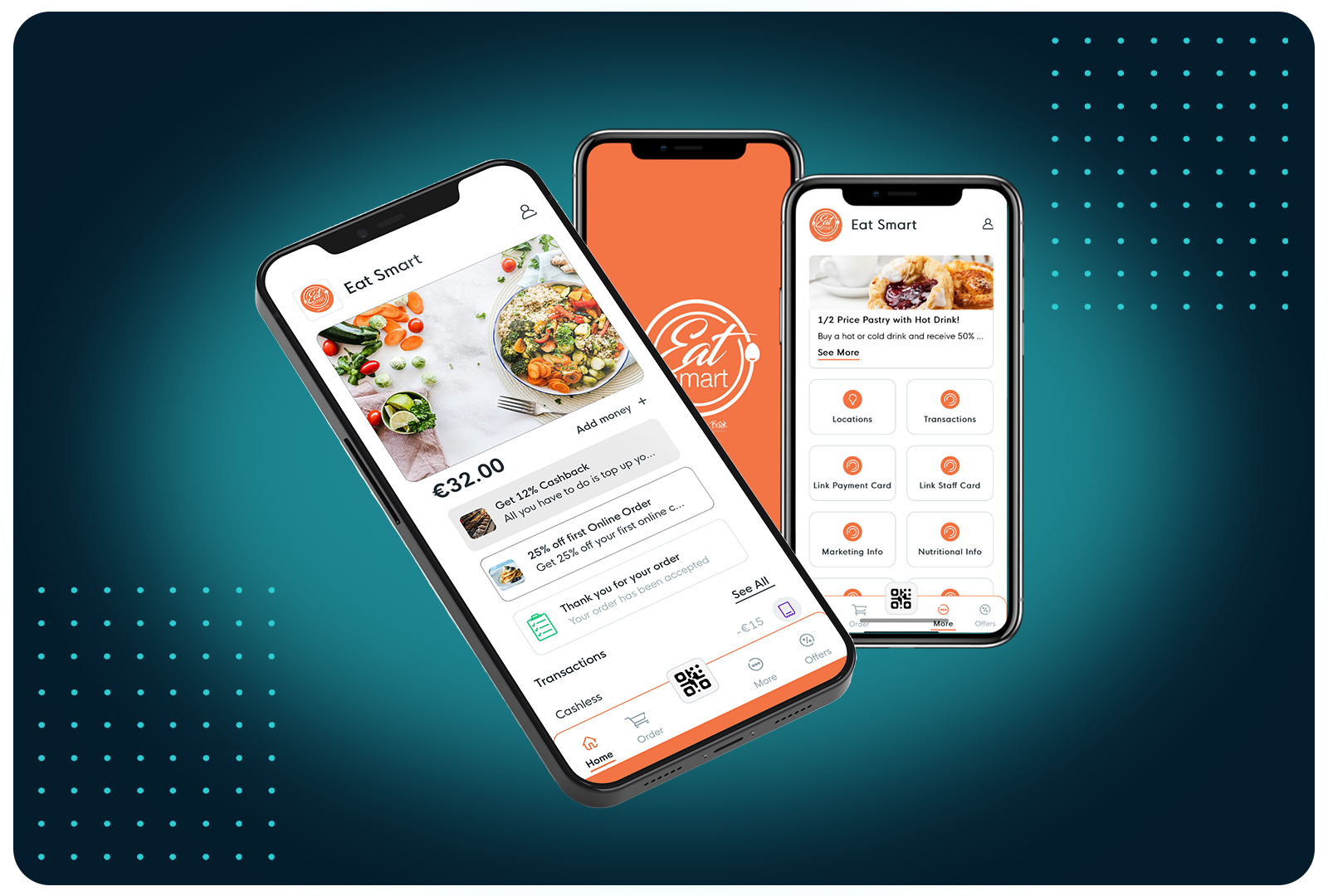Merchant-branded white-label FaciliPay app on three phones: wallet balance, cashback offers, and account menu option