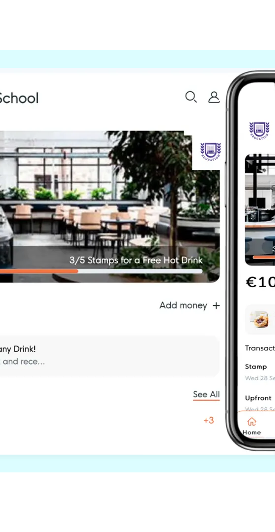 FaciliPay branded app for a school shown on web and mobile, displaying a prepaid wallet balance, loyalty stamp rewards & special offers