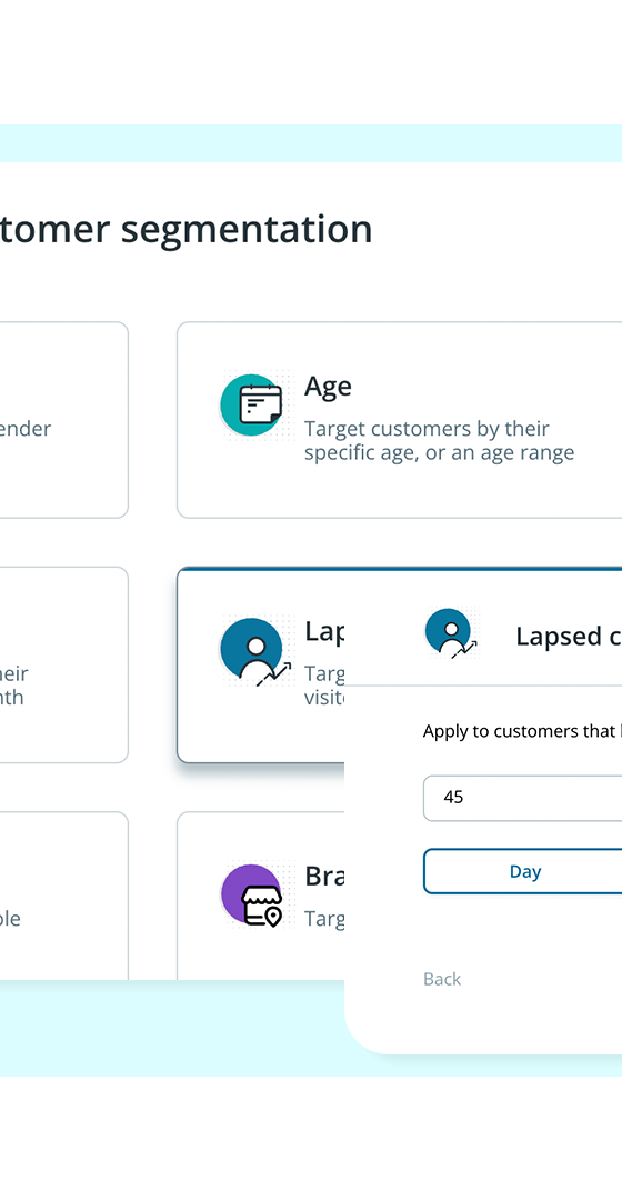 FaciliPay customer segmentation screen with options to target customers, including lapsed-customer re-engagement.