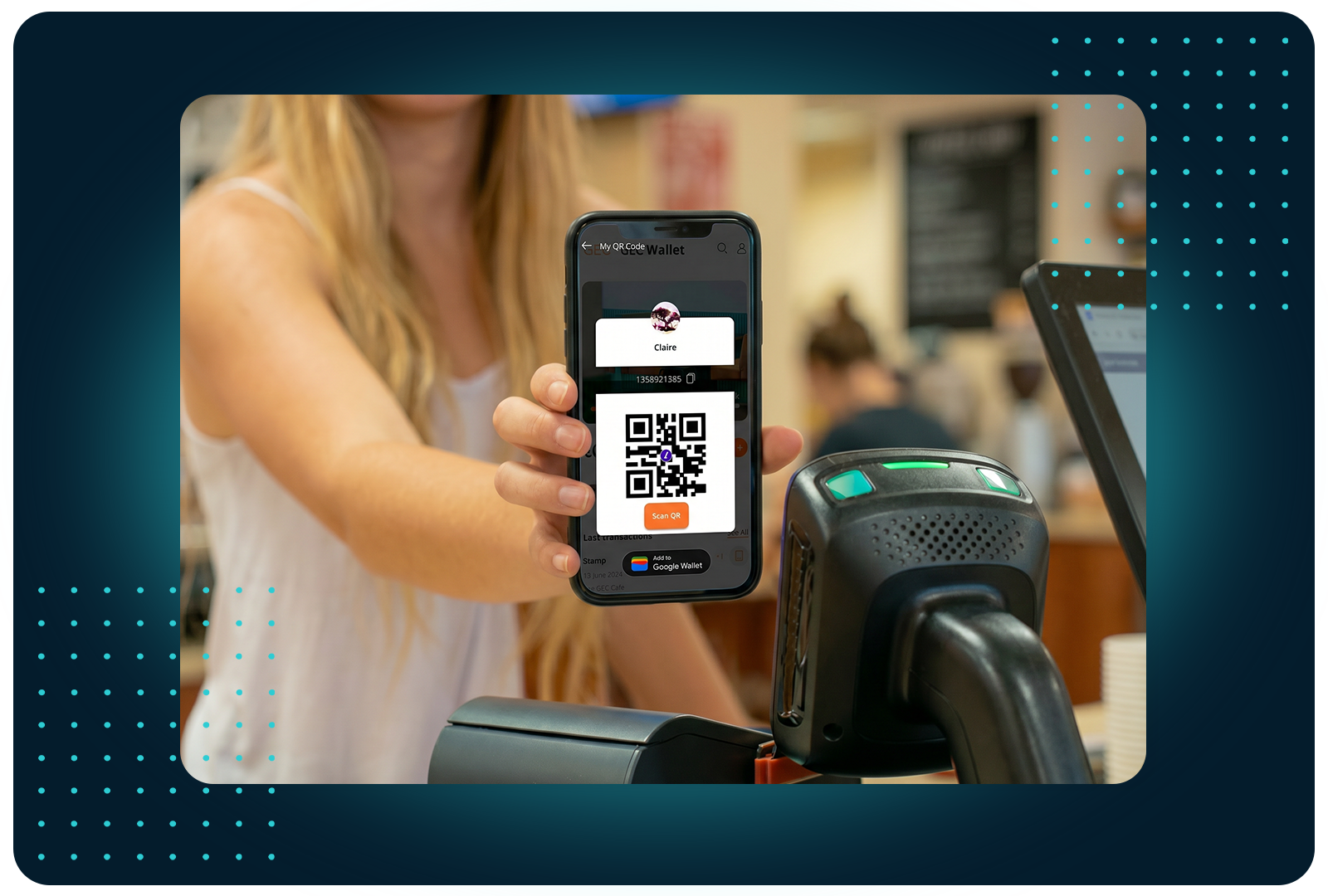 Customer presenting a QR code from their FaciliPay digital wallet to a scanner at a café counter to make a cashless payment.