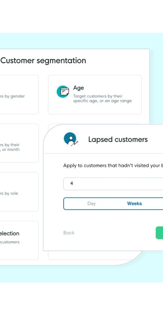 FaciliPay customer segmentation screen with the lapsed-customer rule open, targeting customers who haven't visited within a set period.