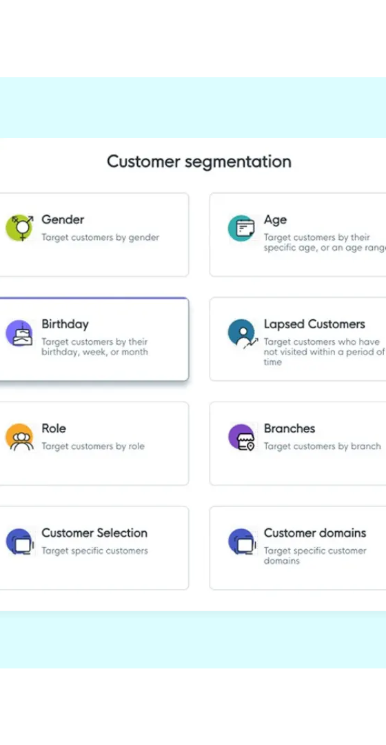 FaciliPay customer segmentation for targeting by gender, age, birthday, lapsed activity, role, branch, and custom selection.