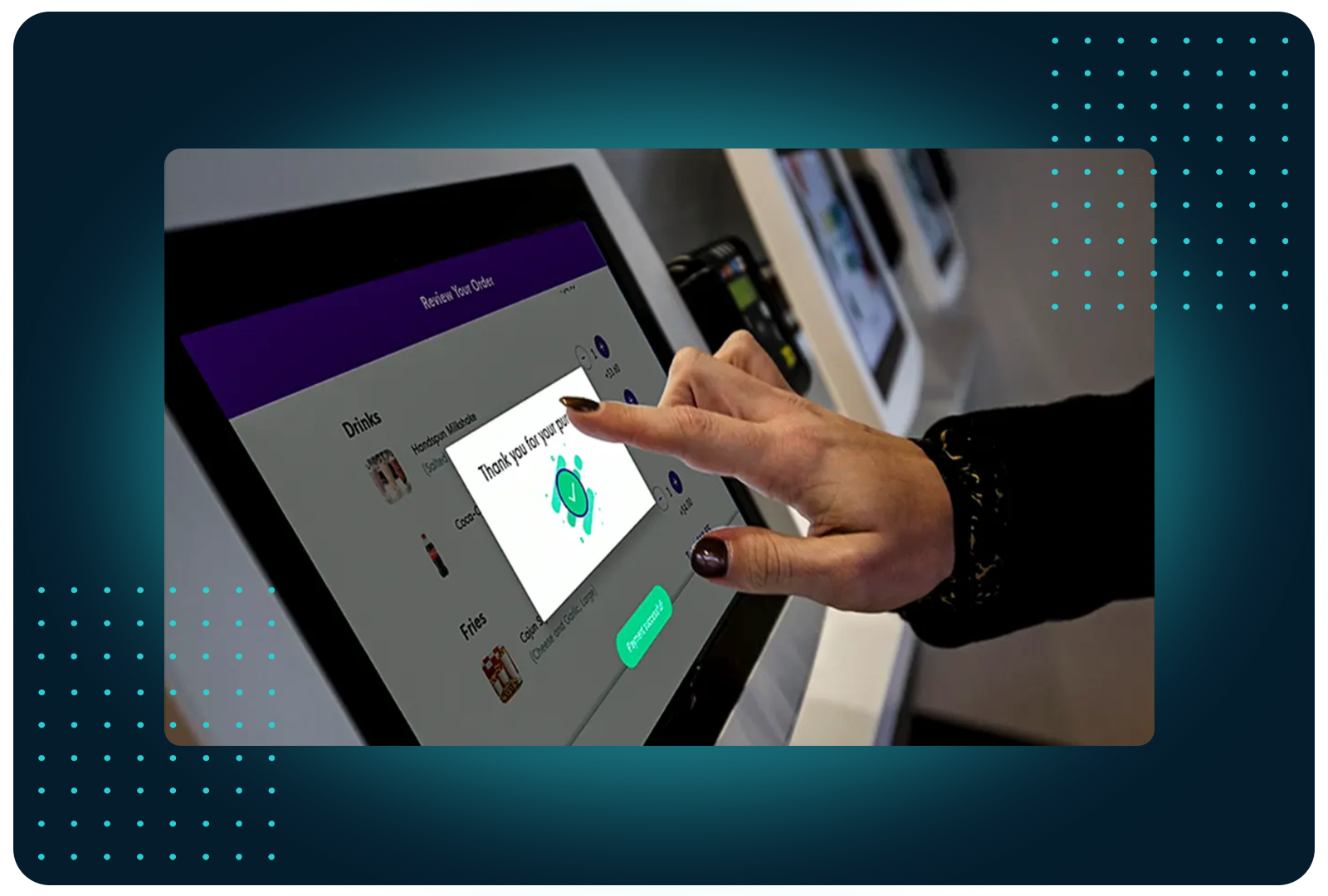 Customer tapping a FaciliPay self-service ordering kiosk to review an order and confirm a purchase.