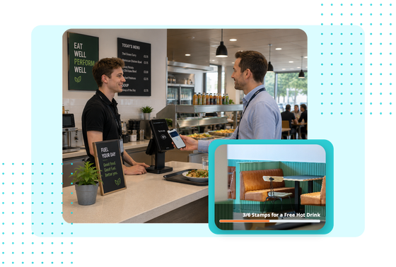 Customer making a contactless payment at a workplace café with a loyalty overlay, for business & industry catering.