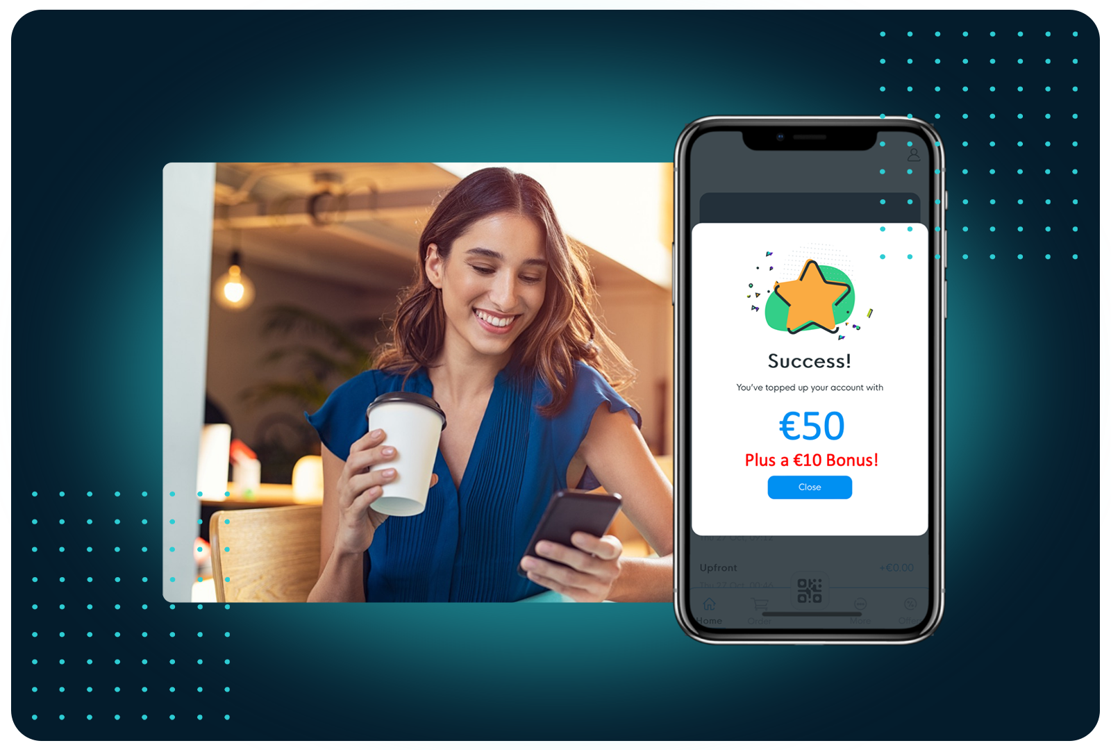 Customer viewing a FaciliPay app confirmation of a successful account top-up with a loyalty bonus credit.