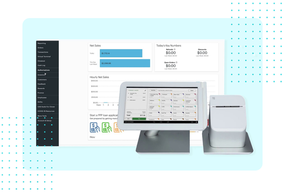 POS dashboard and countertop terminal showing net sales, key numbers, and an hourly sales chart for a hospitality business.