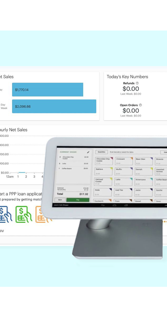 POS dashboard and countertop terminal showing net sales, key numbers, and an hourly sales chart for a hospitality business.