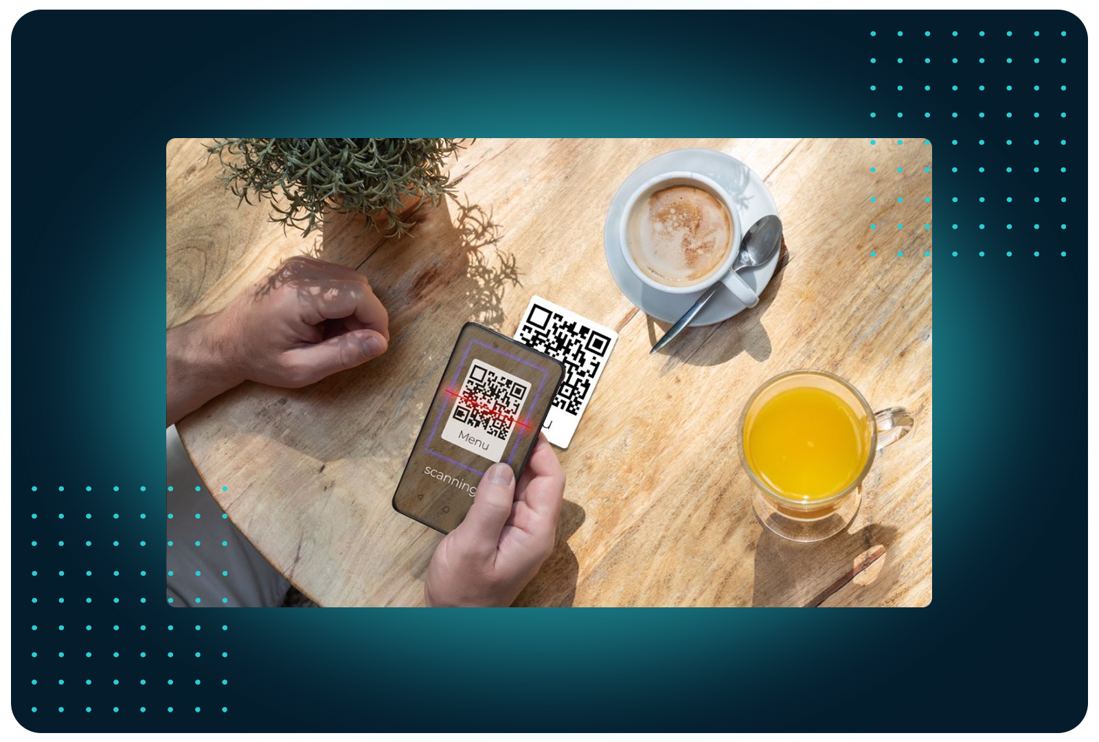 Diner scanning a QR code menu at a café table with coffee and juice, representing FaciliPay QR table ordering.