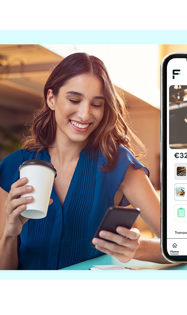 Smiling woman with a coffee using the FaciliPay app, showing wallet balance, cashback and order offers, and order confirmation.