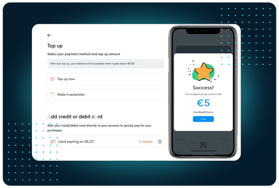 FaciliPay top-up screen with manual and auto top-up and saved card management, plus a mobile success confirmation.