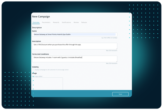 Facilipay lets you build custom campaigns. Set names, descriptions, terms & visibility to launch offers like hotel getaways & birthdays