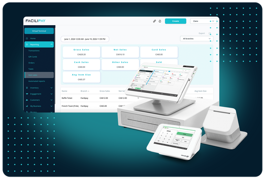 FaciliPay cloud reporting and analytics dashboard with connected POS hardware.