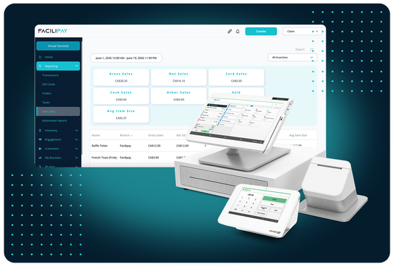FaciliPay cloud reporting dashboard with sales analytics, item reports, and multi-branch filtering.