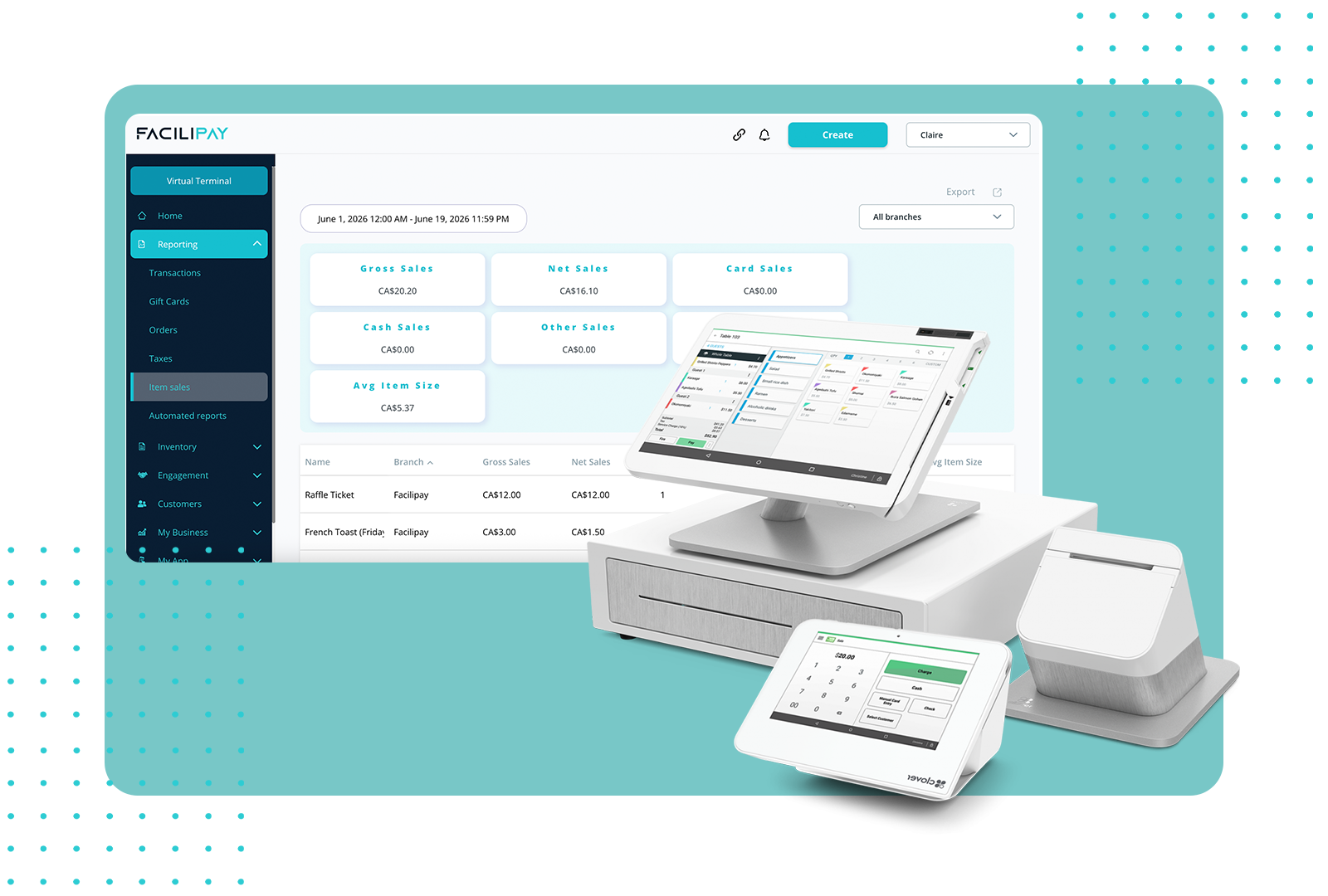 FaciliPay cloud reporting dashboard with sales analytics, item reports, and multi-branch filtering.