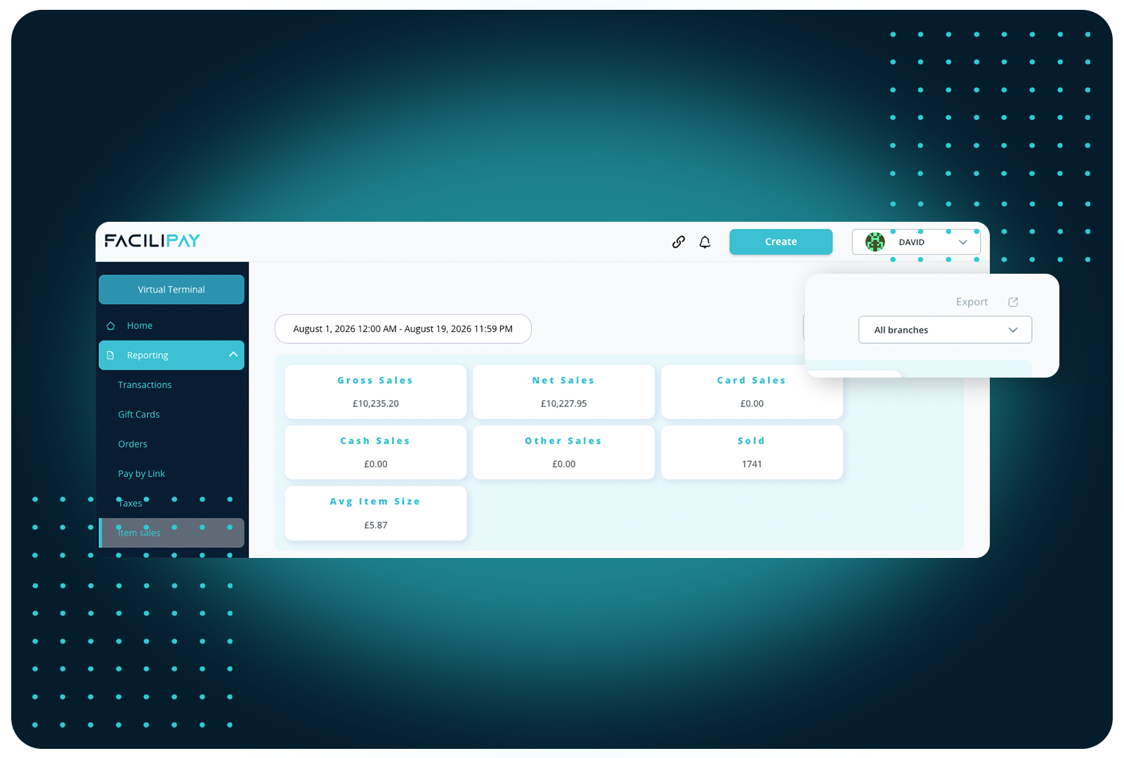 Track sales by branch and export reports instantly with Facilipay's detailed item sales dashboard.