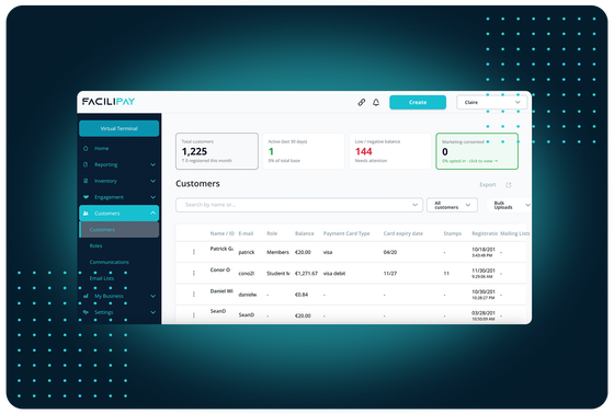 Facilipay's customer dashboard gives hospitality businesses full visibility into balances, activity & opt-ins.