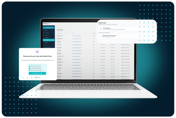 FaciliPay email marketing dashboard with a subscriber list, mailing-list management, and a gift-card promotion opt-in