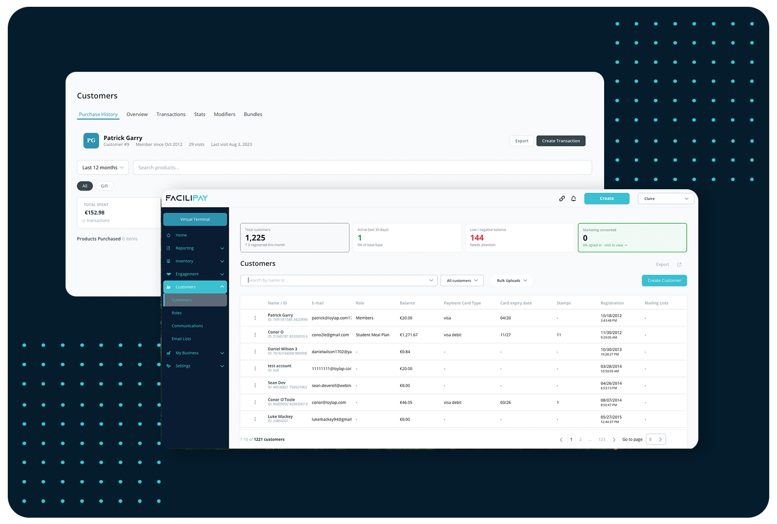 Facilipay's customer dashboard tracks balances, transactions & engagement—powerful CRM tools for hospitality businesses.