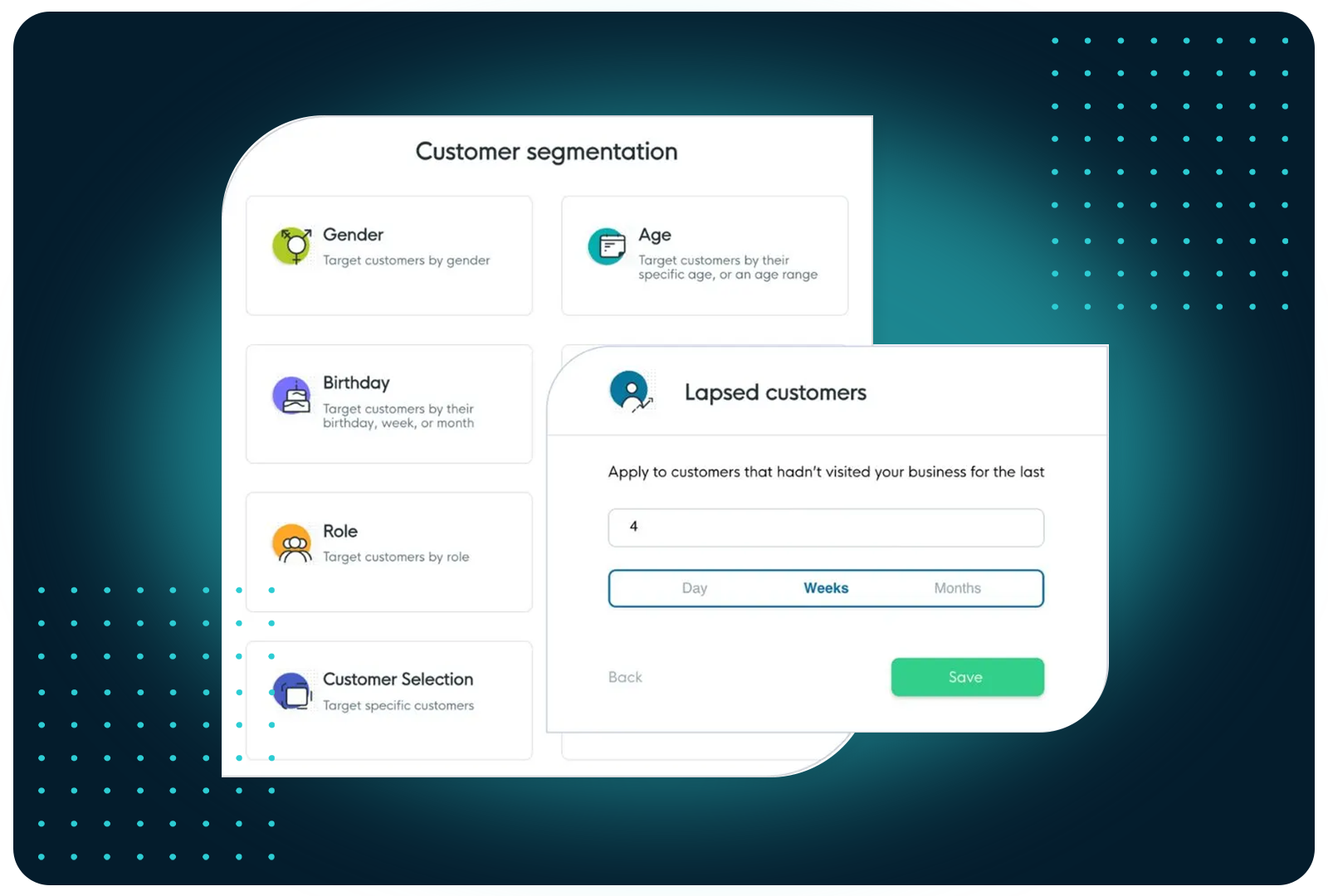 FaciliPay customer segmentation screen with the lapsed-customer rule open, targeting customers who haven't visited within a set period.