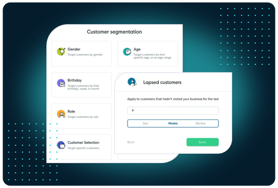 FaciliPay customer segmentation screen with options to target customers, including lapsed-customer re-engagement.