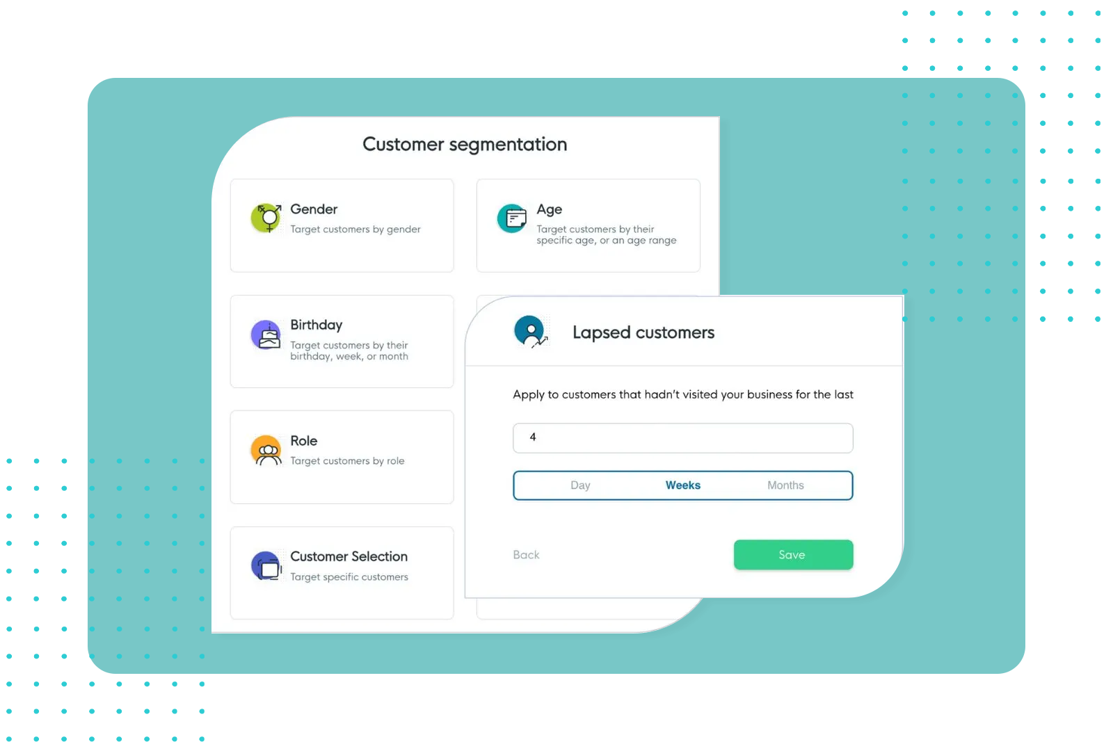FaciliPay customer segmentation screen with the lapsed-customer rule open, targeting customers who haven't visited within a set period.