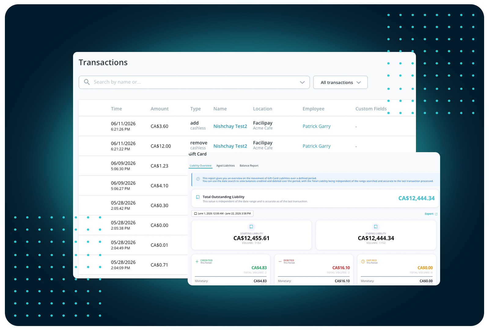 FaciliPay enterprise transaction log and gift-card liability report with outstanding, credited, debited, and expired balances