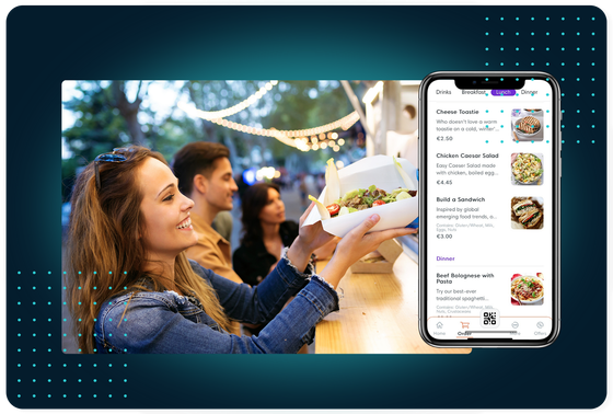 FaciliPay mobile ordering menu screen beside friends being served food at an outdoor venue.