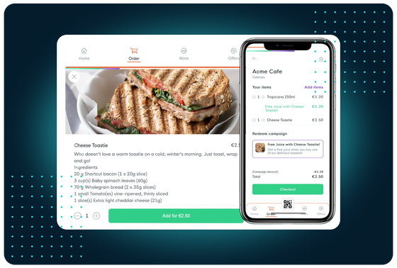 FaciliPay online ordering: item details with allergens and a mobile cart redeeming a campaign offer at checkout.