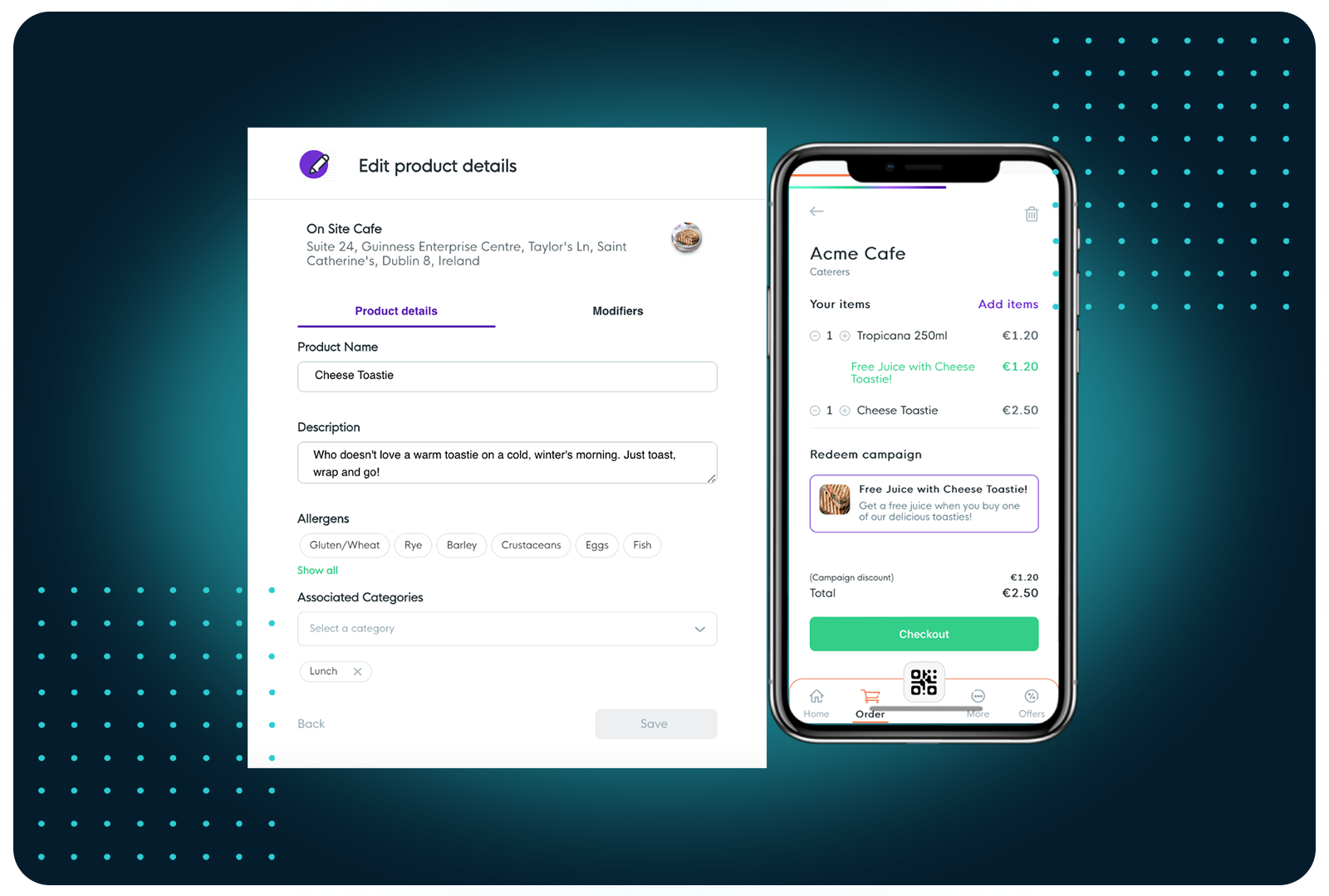 Facilipay powers mobile ordering with detailed menu items, ingredient info, and automatic in-app campaign rewards.