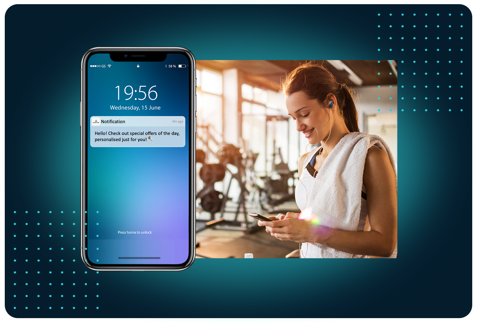 Phone lock screen showing a FaciliPay push notification with personalised offers, beside a woman checking her phone at the gym.