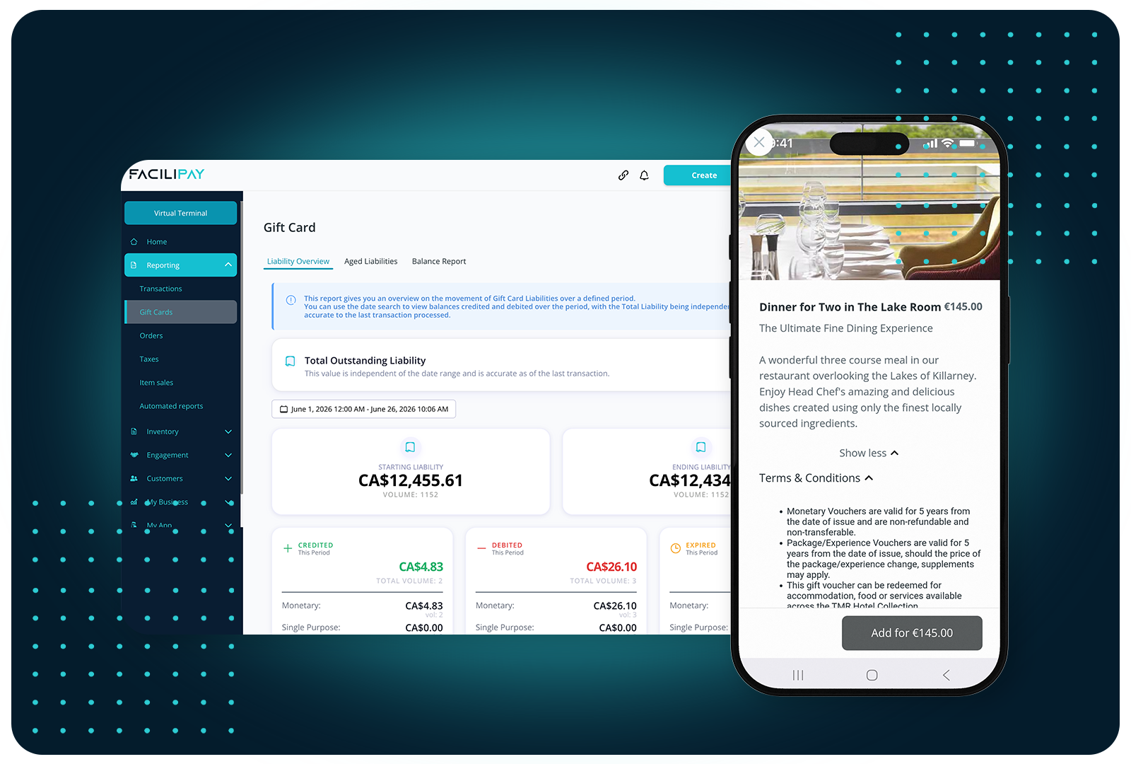 Facilipay dashboard tracks gift card liability in real time, while customers browse and buy gift experiences right from their phone.