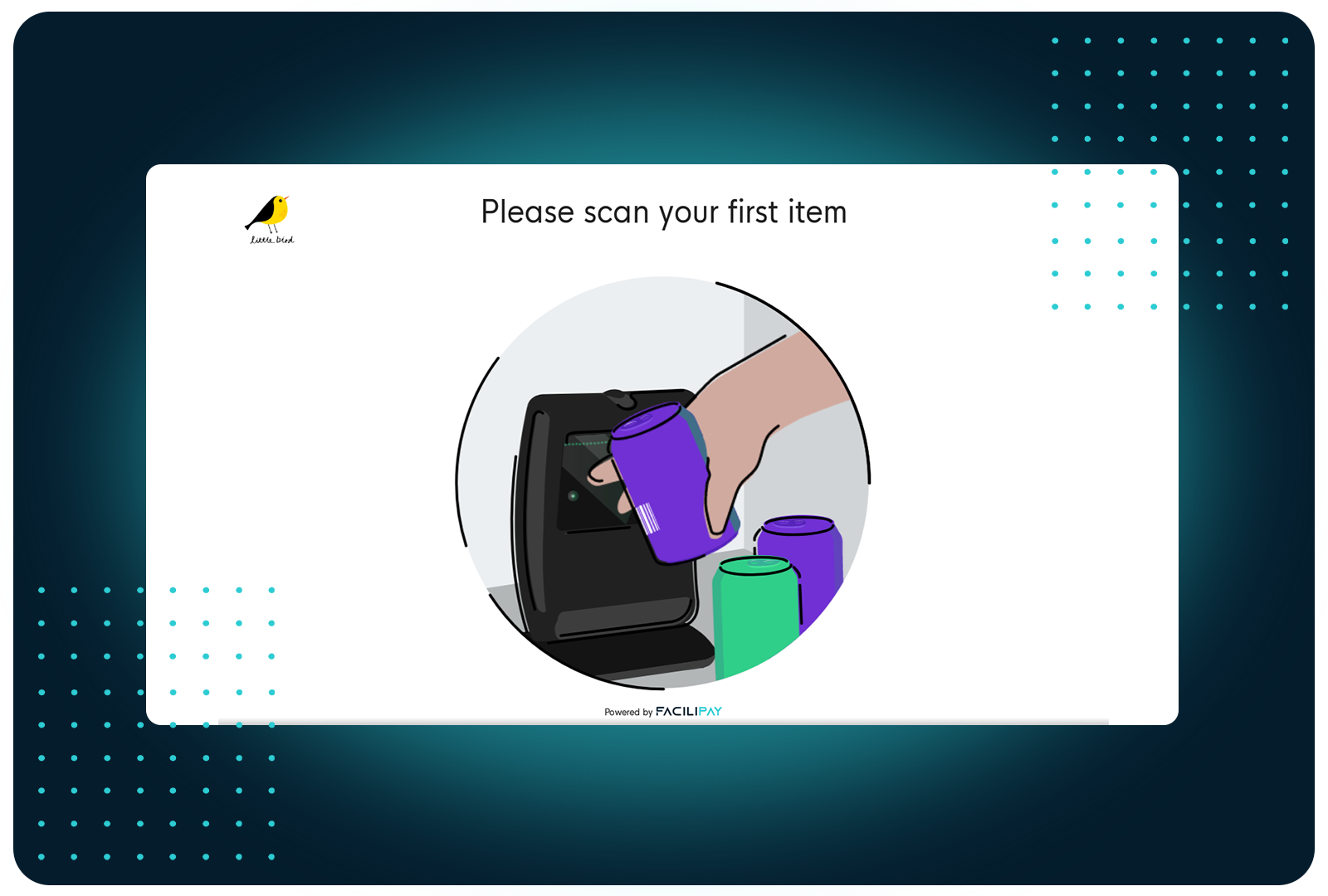 FaciliPay Scan & Go self-checkout screen prompting the customer to scan an item.