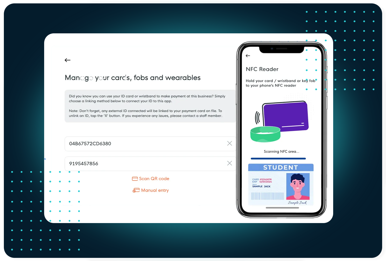 FaciliPay app Offers screen with promotional deals, beside a customer using her phone.