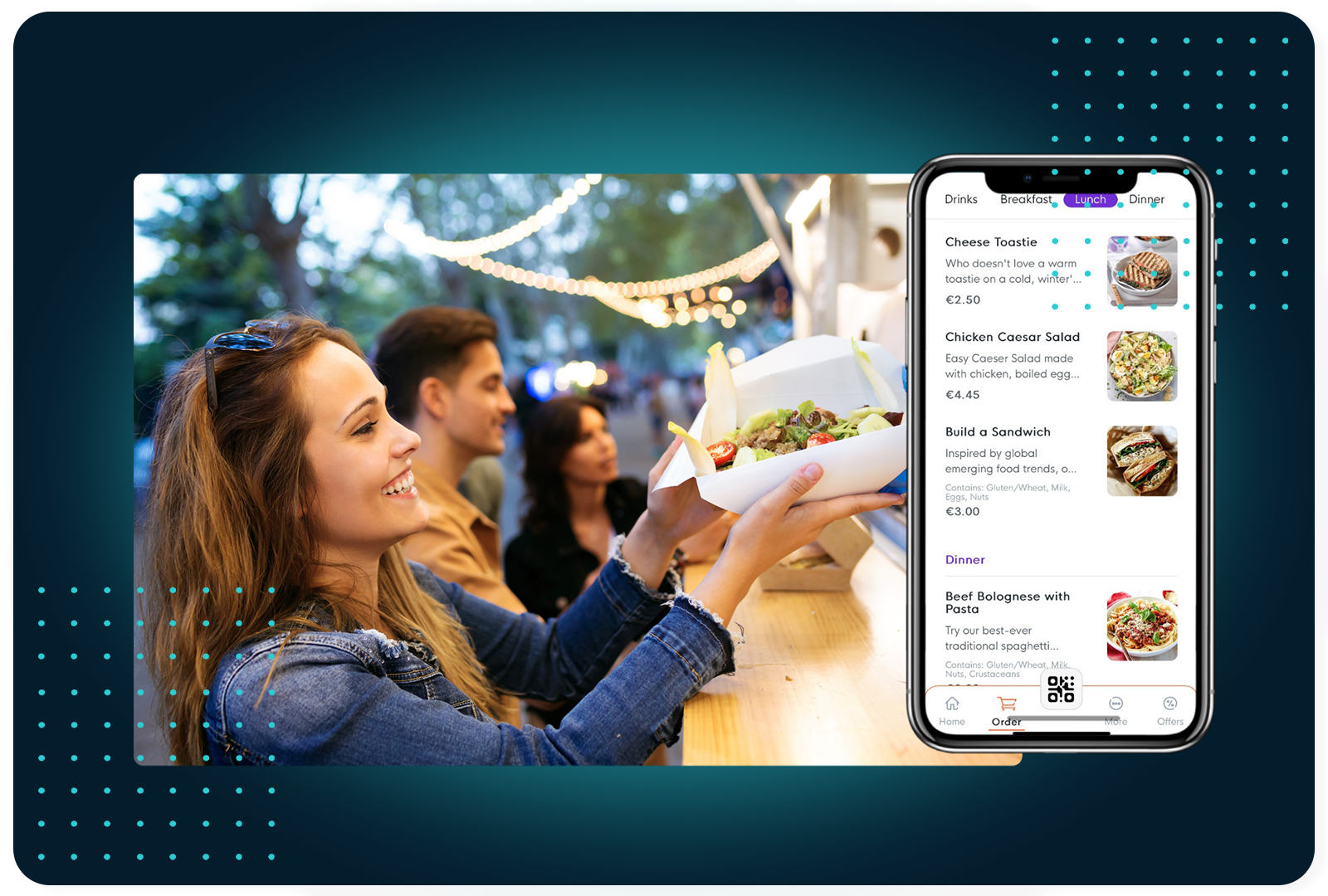 Friends collecting food at an outdoor venue beside the FaciliPay app menu, representing pre-order and order-ahead.