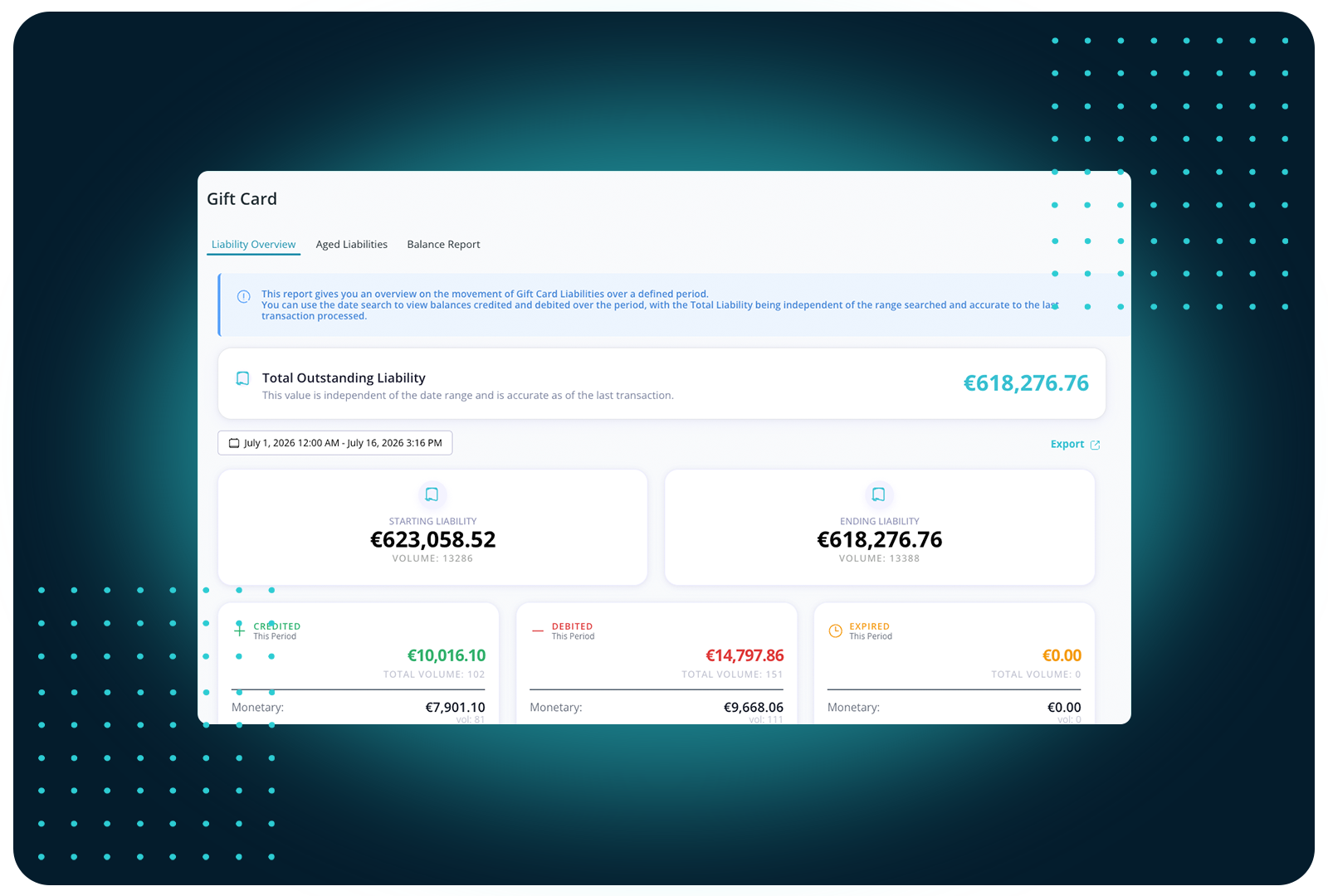 Facilipay tracks gift card liabilities in real time, covering credited, debited, and expired balances with easy exports.
