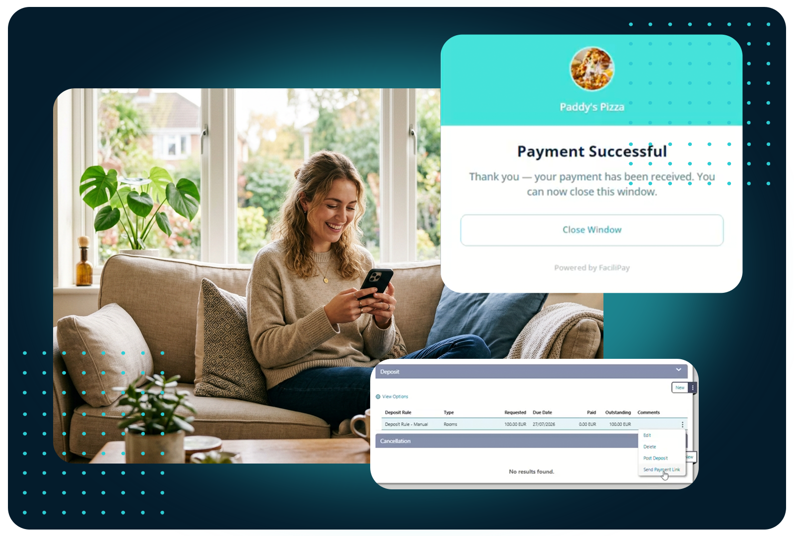 FaciliPay pay-by-link: woman paying on her phone, a merchant deposit request, and a payment-successful confirmation