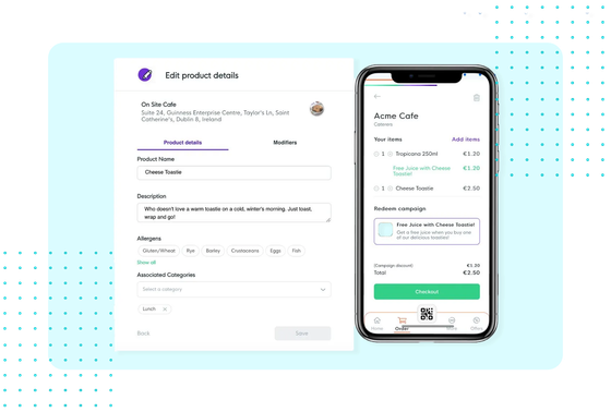FaciliPay product/inventory management (name, description, allergens, categories) beside a customer ordering app.