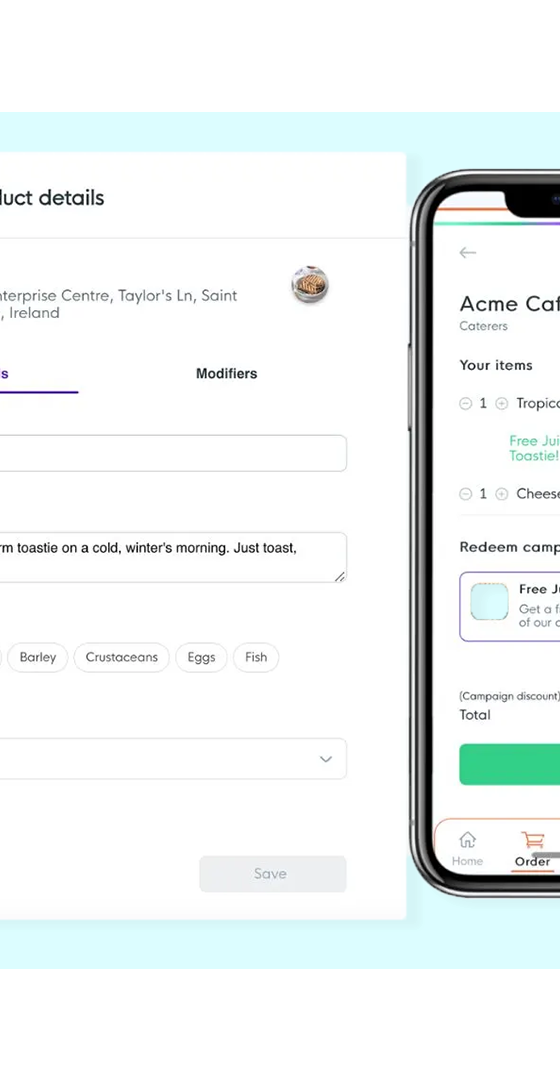 FaciliPay product/inventory management (name, description, allergens, categories) beside a customer ordering app.