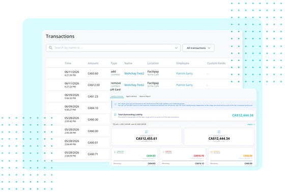 FaciliPay enterprise transaction log and gift-card liability report with outstanding, credited, debited, and expired balances