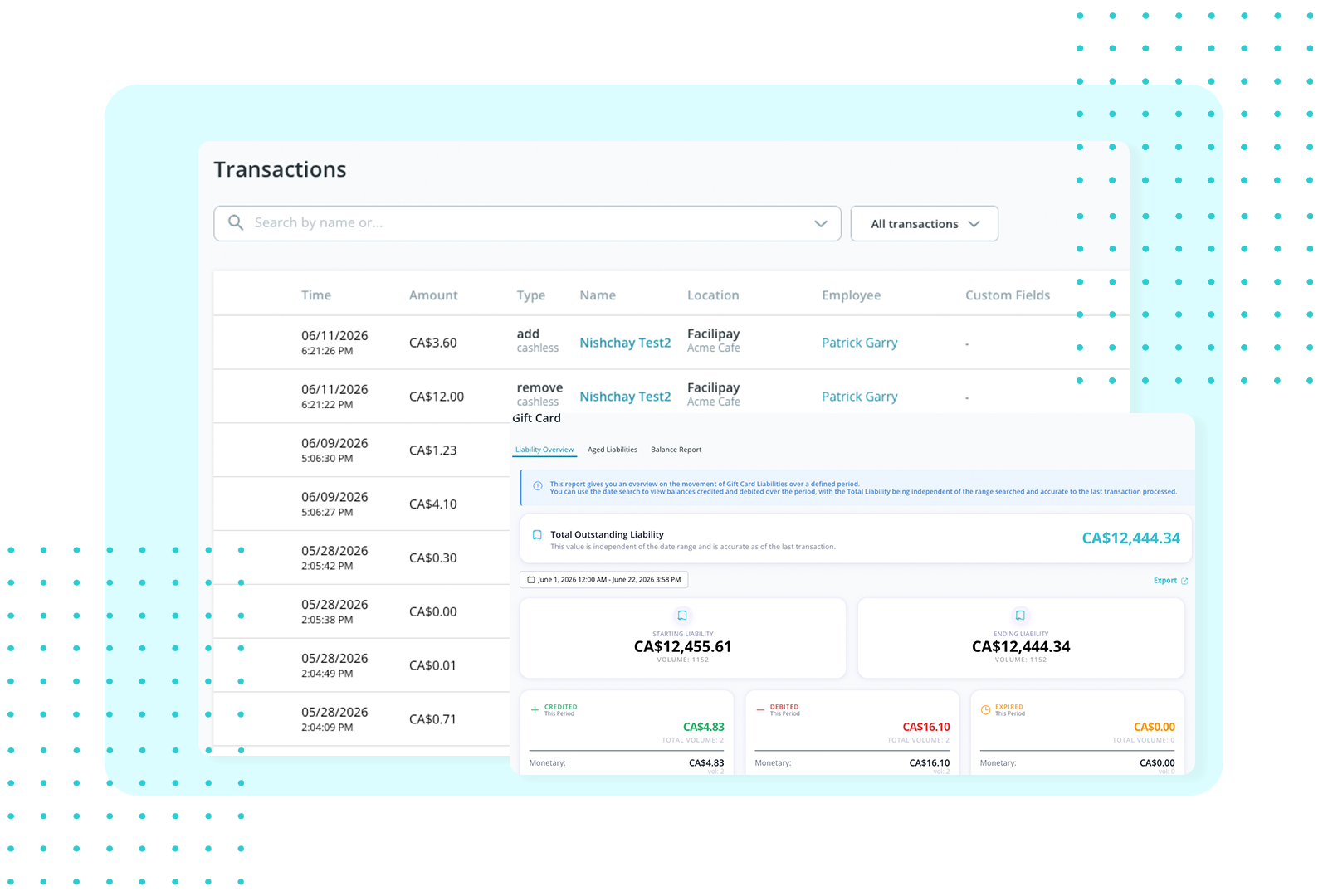 FaciliPay cloud reporting and analytics dashboard with connected POS hardware.