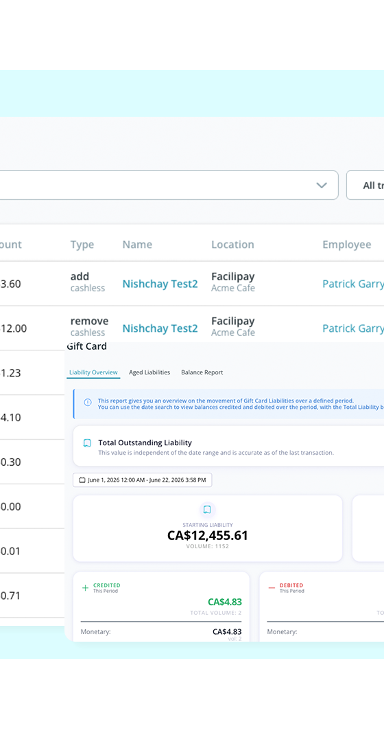 FaciliPay enterprise transaction log and gift-card liability report with outstanding, credited, debited, and expired balances